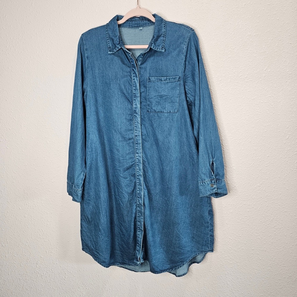 Blue Chambray Denim Shirt Dress Size Large Long Sleeve Knee Length Button‎ Up